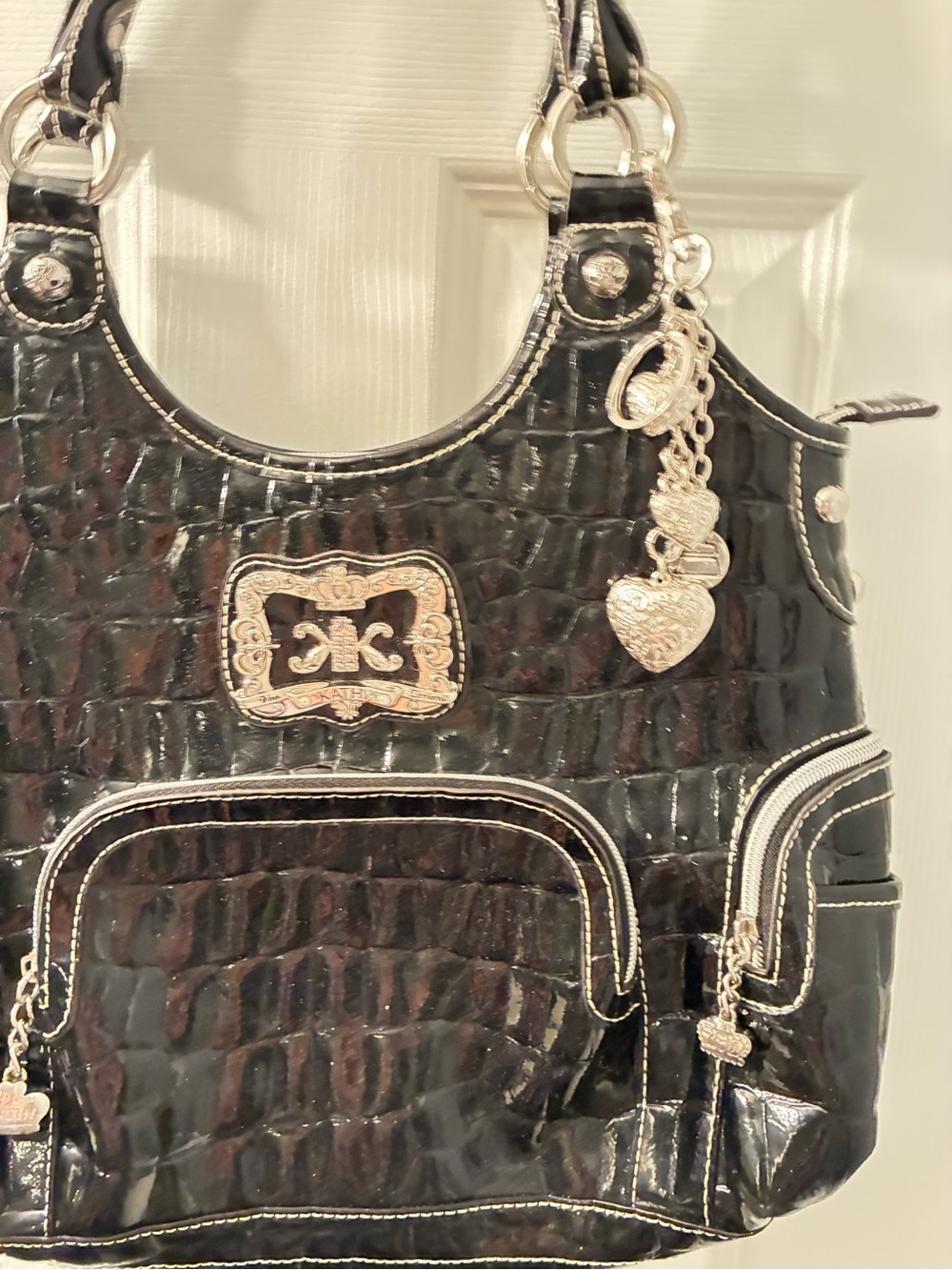 Kathy Van Zeeland Black Patent Croc-Embossed Tote with Silver Emblem like new